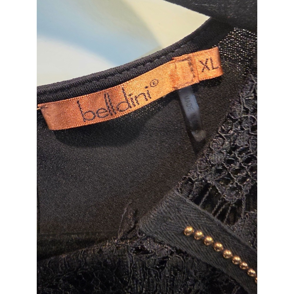 belldini xl black blouse with lace and gold toned embellishments short sleeve - Picture 2 of 4